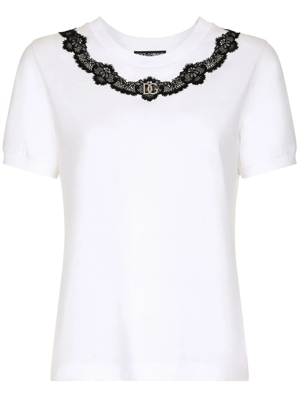Dolce & Gabbana White Tee with Black Lace Necklace Detail